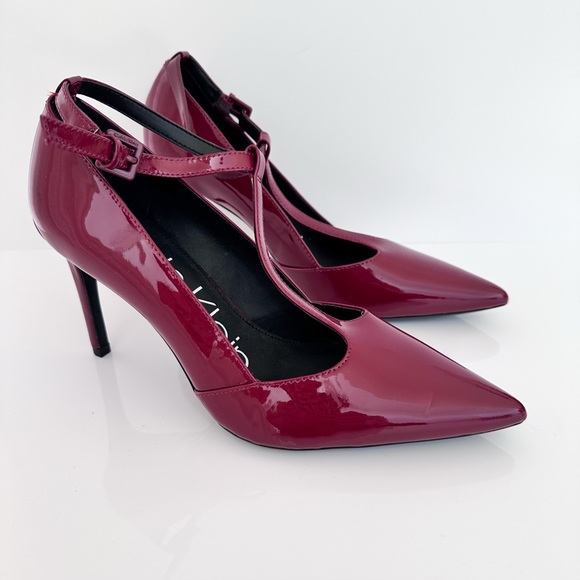 Calvin Klein Women's Rocha Red Patent T-Strap Dress Pumps Stiletto Heel Size 8 - Picture 1 of 8